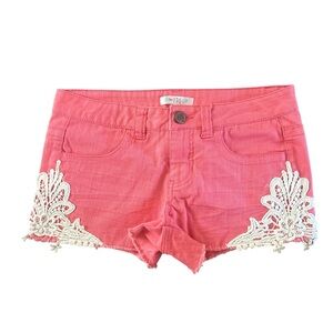love, Fire Pink Jean Shorts with Lace Trim